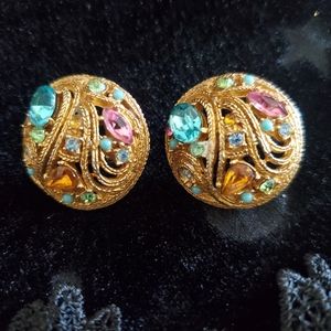 Vintage Mid Century Multicolor Rhinestones in Different Shapes Domed Earrings